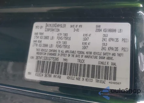 2001 Dodge Ram 1500 St from USA, damaged, VIN 3B7HF13Z61G775305